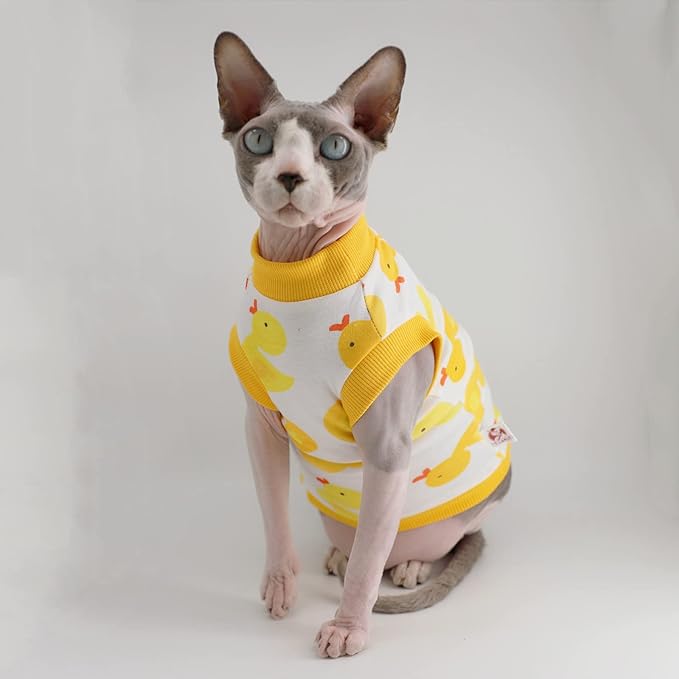 Sphynx Hairless Cat Summer Cotton T-Shirts Cat Vest Pet Clothes,Round Collar Vest Kitten Shirts Sleeveless, Cats & Small Dogs Apparel (X-Large, Yellow Ducks)