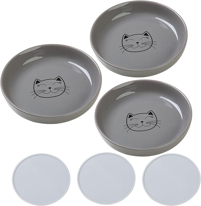 Lusifaco Shallow Cat Food Bowls, 5.9 Inch Wide Ceramic Cat Dish for Indoor Cat,Anti Whisker Fatigue Cat Dishes Set, Kitten Plates for Food and Water,Non-Slip Silicone Mat,3 Pack(Grey)