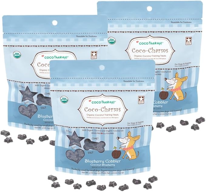 CocoTherapy Blueberry Cobbler Coco-Charms Dog Training Treats, 5 Ounces, Organic, Made in The USA (3 Pack)