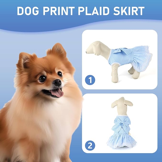 Dog Dress Plaid with Bowknot Cute Dress for Small Dog Cat Puppy Outfits with Harness Leash（ Blue，Medium ）