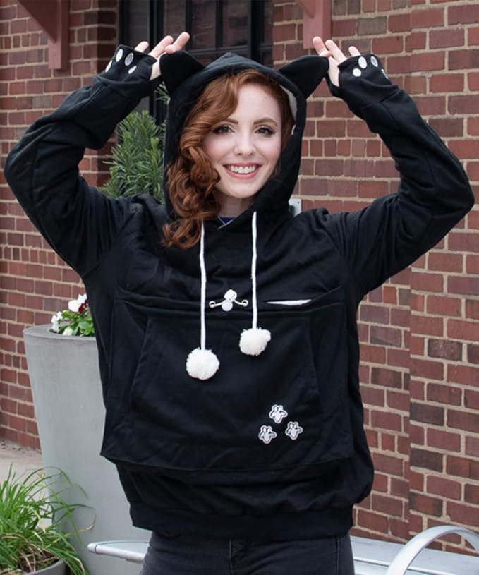 ALYC Unisex Hoodies Pet Holder Cat Dog Large Pouch Carriers Pullover with Cat Printing Sweatshirt (Black-Classic Version, XXL)