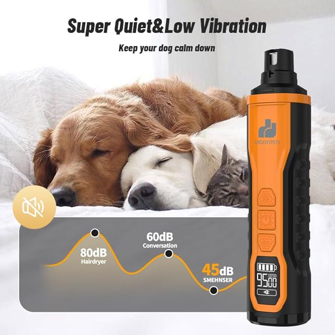 Electric Pet Nail Grinder with LCD Display, 6 Speed Levels, Dual LED Lights, Rechargeable, for Dogs, Cats, Small Animals, Orange