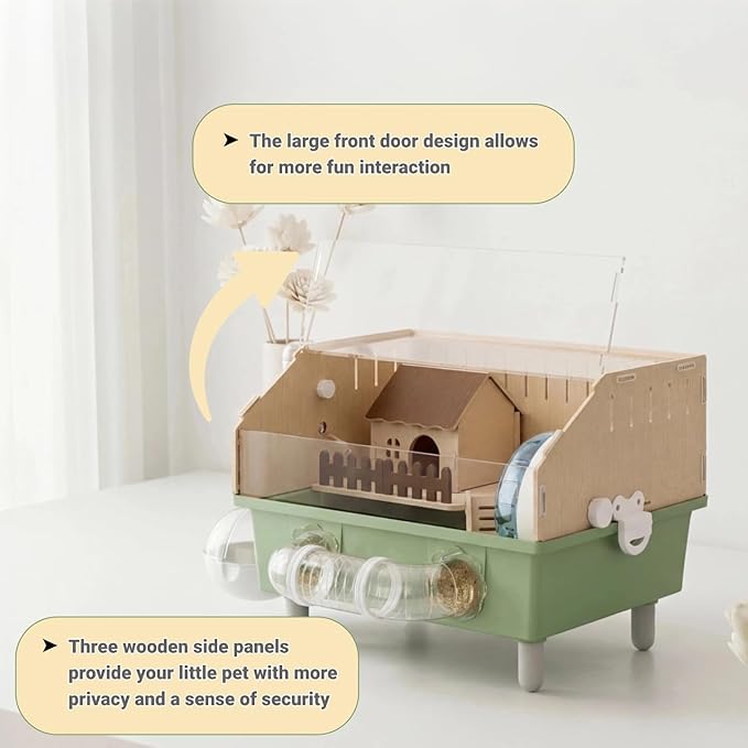 Small Animal Houses & Habitats, Hamster Cage for Dwarf Mouse, Complete Acrylic Small Animal Starter Kit with Accessories, Easy Clean Transparent Pet Cage for Hamsters Gerbils (Green)