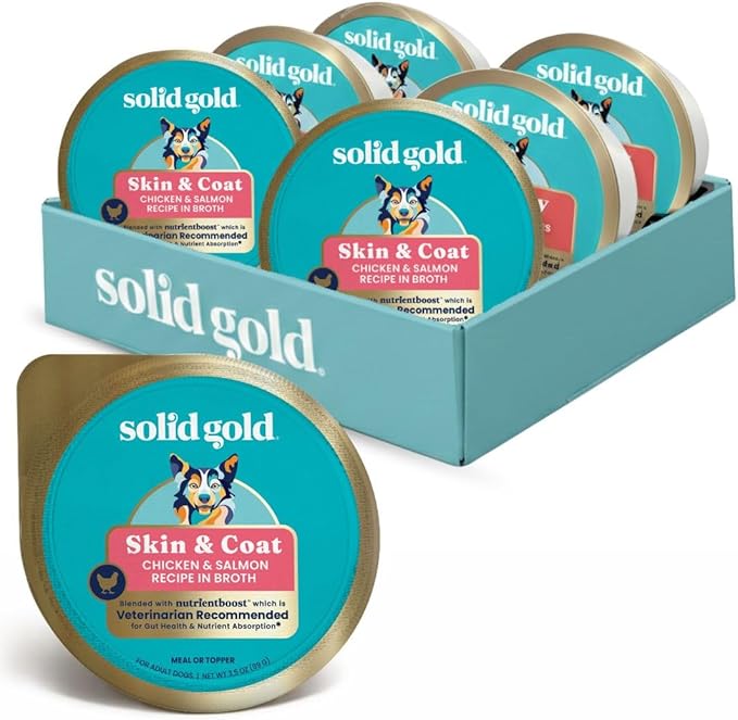 Solid Gold Wet Dog Food Topper & Meal Cups - for Adult & Senior Small Breed & Large Breed Dogs - W/Salmon, Chicken & Superfoods for Sensitive Stomachs, Gut Health & Skin & Coat Support - 3.5oz/6 Pack