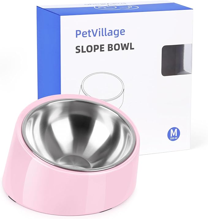 Tilted Dog Bowl Non-Slip & Non-Spill Pet Feeder with Elevated Detachable Melamine Stand, Easy to Get Food Dog Dish, M/180ml Pink