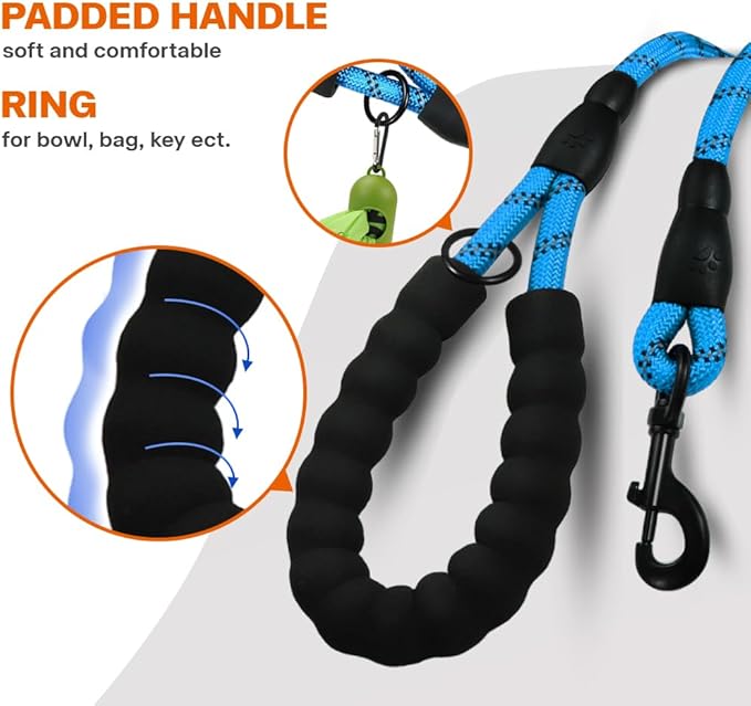 Taglory Rope Dog Leash 4 FT with Comfortable Padded Handle, Highly Reflective Threads Leash and Anti-Tangle Clip for Walking Small Dogs, 3/8 inch, Blue