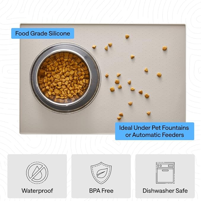 GORILLA GRIP 100% Waterproof Raised Edge BPA Free Silicone Pet Feeding Mat, Dog Cat Food Mats Contain Spills Protects Floors, Placemats for Cats and Dogs Water Bowl, Pets Accessories 18.5x11.5 Beige