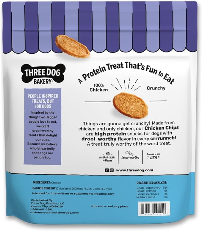 Three Dog Bakery Bark'N Crunch! Chicken Chips with 100% Real Chicken - 15 oz - Crunchy Treats for Dogs - High Protein Dog Snacks - Grain Free, No Corn or Soy, Single Ingredient Treats