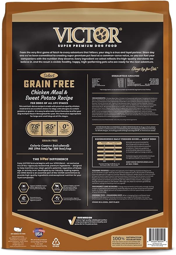 VICTOR Super Premium Dog Food – Grain Free Chicken Meal & Sweet Potato – 33% Protein, 16% Fat – Dry Dog Food for Dogs of All Life Stages – High Protein Kibble for All Normally Active Dogs, 15 lb