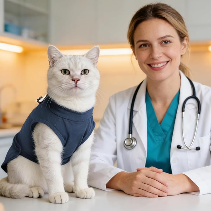 Gyuzh Cat Surgery Recovery Suit for Male Cats - Breathable & Comfortable Cone Alternative. Easy-Pull Recovery Suit with Adjustable Neck & Snap Closure for Neutering, Anti-Licking Wound Care Blue M