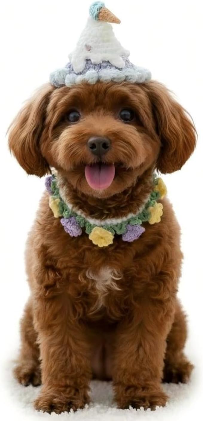 Dog Costume – Adjustable Birthday Dog Hat & Floral Wreath Scarf for Cats and Small to Medium Dogs, Cute Cat Costume for Party, Holiday, Daily Wear & Photos