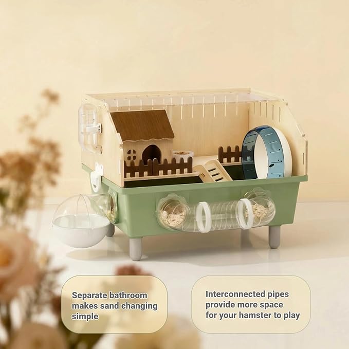 Small Animal Houses & Habitats, Hamster Cage for Dwarf Mouse, Complete Acrylic Small Animal Starter Kit with Accessories, Easy Clean Transparent Pet Cage for Hamsters Gerbils (Green)