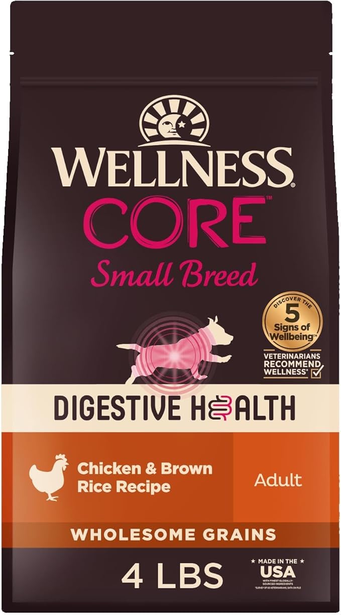 Wellness CORE Digestive Health Dry Dog Food, Small Breed, Wholesome Grains, Natural, Recipe for Dogs with Sensitive Stomachs, Chicken, (4-Pound Bag)