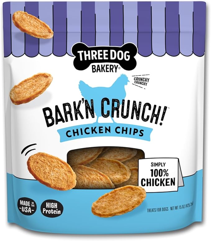 Three Dog Bakery Bark'N Crunch! Chicken Chips with 100% Real Chicken - 15 oz - Crunchy Treats for Dogs - High Protein Dog Snacks - Grain Free, No Corn or Soy, Single Ingredient Treats