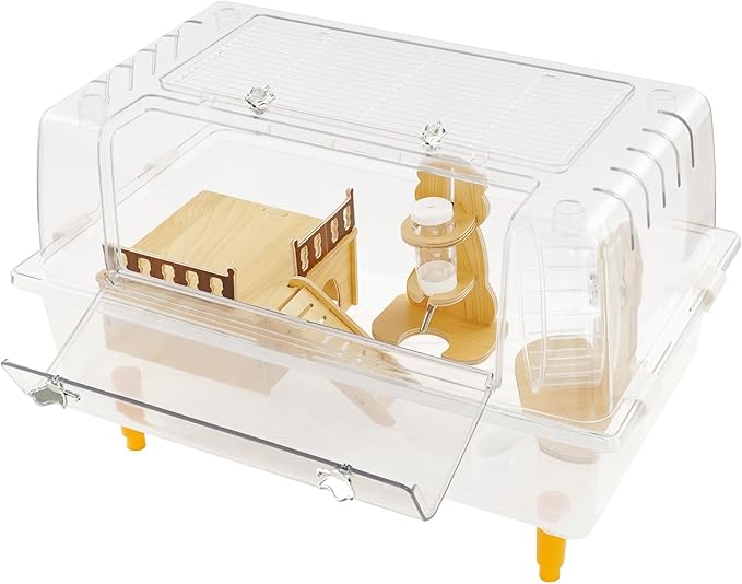 Hamster Cage Clear Luxurious Mice and Rat Habitat with Exercise Wheel, Dual Door Design, 3.54" H Leg Stand, Small Animal Cage for Hamsters, Guinea Pigs, Hedgehogs 23.6" Lx14.5 Wx12.6 H