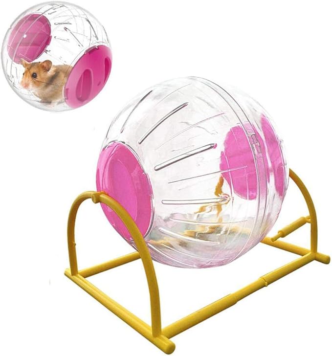 Hamster Exercise Ball Silent Hamster Wheel Small Animals Transparent Ball for Dwar Rat Relieves Boredom and Increases Activity (6inch with Stand, Pink)