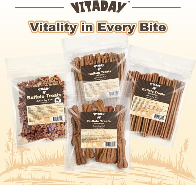 VITADAY Buffalo Dog Treats Stick (M) 8oz, Natural Low-Fat Chews for Training & Rewards, Limited Ingredient, Perfect for Medium Dogs & Puppies