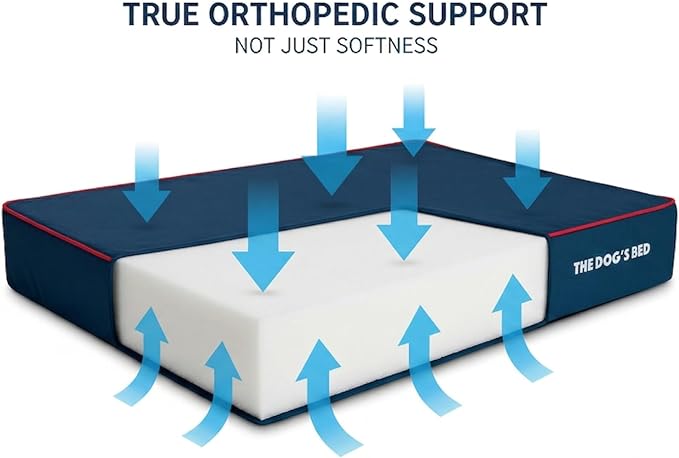 The Dog’s Bed Orthopedic Memory Foam Dog Bed for XXL Dogs, Waterproof Washable Cover, Anti-Slip Base, Calming Surface – CertiPUR-Certified Foam, Blue with Red Trim, 6 Inch Thick