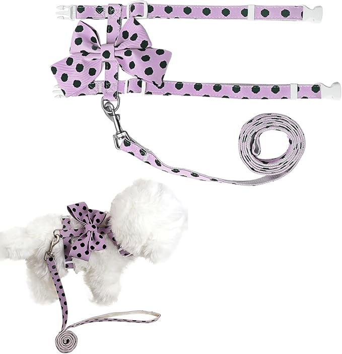 Cat Harness and Leash Set, Sweet Bow Kitten Collar, Escape Proof Extra Small Dog Harness, Cute Polka Dot Print Puppy Collar, Girl Dog Leash for Small Dogs Kittens Outdoor Walking (Purple, S)