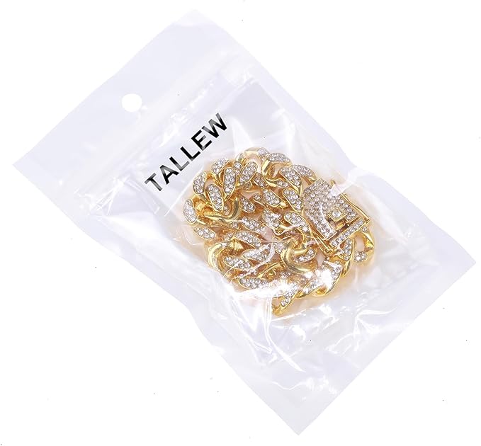 Tallew Gold Dog Chain Diamond Collar Walking Metal Chain Necklace with Secure Buckle Pet Cuban Style Collar Jewelry Accessories for Small Medium Large Dog Cats(8 Inch)