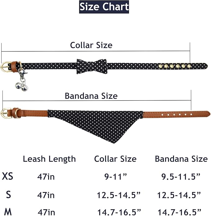 3PCS Bow Tie Dog Collar and Leash Set Plaid/Camo/Dots/Flower Dog Bandanas with Bell 3 Size Adjustable for Small Dogs Puppies and Cats (S, Black Dots)