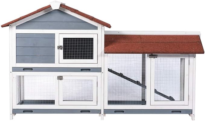 Good Life Two Floors 62" Wooden Outdoor Indoor Roof Waterproof Bunny Hutch Rabbit Cage Guinea Pig Coop PET House for Small to Medium Animals with Stairs and Cleaning Tray PET537