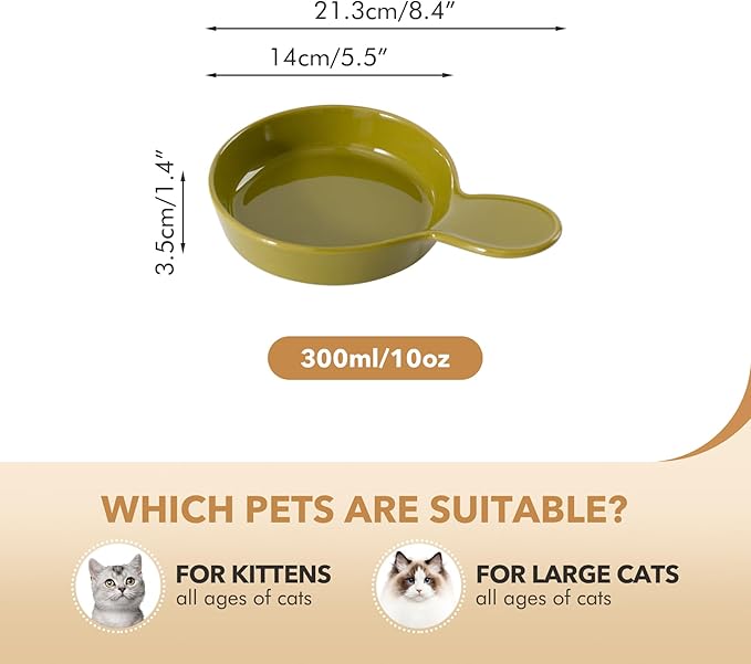Havniva Ceramic Wide Whisker Friendly Cat Dishes, Set of 3 Ceramic Cat Bowls with Handle, Anti-Slip Indoor Kitten Feeding Food& Water Dish to Prevent Whisker Fatigue(3 Pcs, Matcha Green)