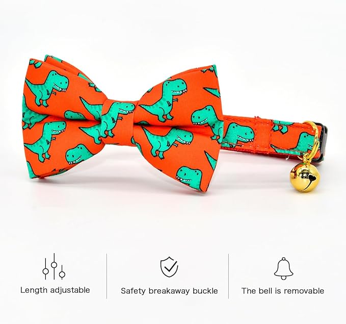 Cat Collar Bow Set, Green Dinosaur Red Background, Wedding/Birthday Breakaway Collar Bowtie for Kitten/Cat