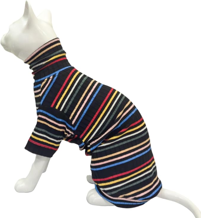 Turtle Neck Vintage Stripes Sphynx Hairless Cat Cotton T-Shirts Pet Clothes Vest Kitten Shirts Sleeveless, Cats & Small Dogs Apparel (Dark Rainbow, XS (2-3 lbs))