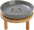 Lusifaco Shallow Elevated Cat Bowls,5.9 Inch Wide Raised Ceramic Cat Dishes with Bamboo Stand, Whisker Friendly Pet Water or Food Plates Feeding Station for Indoor Cats, Kitten(Grey,Set of 1)