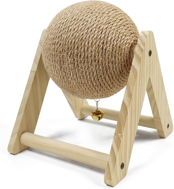 Rabbit Scratch Toy Wooden Natural Sisal Rope Rabbit Scratching Toy Ball Bunny Scratcher with Ball and Bell for Rabbits Bunnies Ferrets Kittens Small Animals (S)