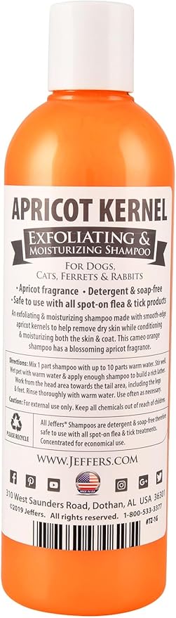 Jeffers Pet Apricot Kernel Exfoliating & Moisturizing Shampoo for Dogs & Cats, 17 oz - Concentrated Coconut Based Formula, Soap Free, Gentle Coat Cleansing, Vitamin Enriched Grooming Care, USA Made