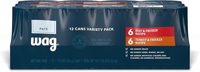 Amazon Brand - Wag Pate Wet Dog Food Variety Pack (Beef & Chicken / Turkey & Chicken), Made with Natural Ingredients, 12.5 oz Cans (Pack of 12)