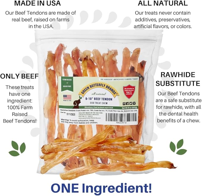 Beef Tendons for Dogs Made in USA. 6-10 Inch Grass Fed Farm-Raised American Beef Dog Treats. All Natural Dog Dental Chews. Grain Free Odor-Free Chews 8 Ounce
