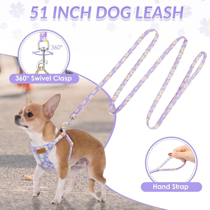 SlowTon Dog Harness Small Sized Dog - Soft XXS Dog Harness and Leash Set No Pull No Chock, Adjustable Lightweight Puppy Harness for XS Small Medium Dogs Cats (Purple Dasiy, M)