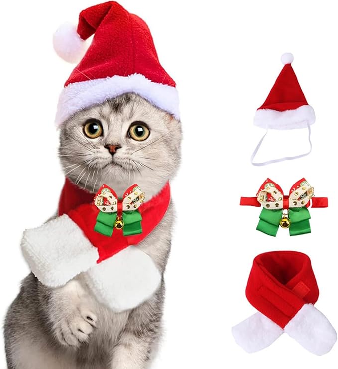 3 Pack Christmas Cat Costume Accessories, Santa Hat, Bow Tie, Scarf, Christmas Costumes for Cat, Adjustable Xmas Outfit Set,Santa Hat Puppy,Small Dogs Claus Hat