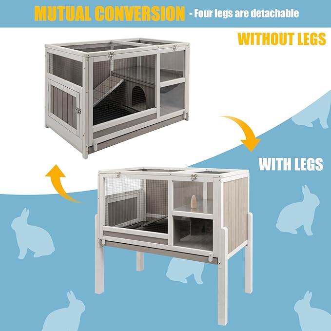Ketive Guinea Pig Cages Indoor, Wooden Guinea Pig Cages with Stand, Rabbit Cage Hutch with Ramp and Hideout, Small Animals Cage Habitat with Not Leakage Pull Out Tray