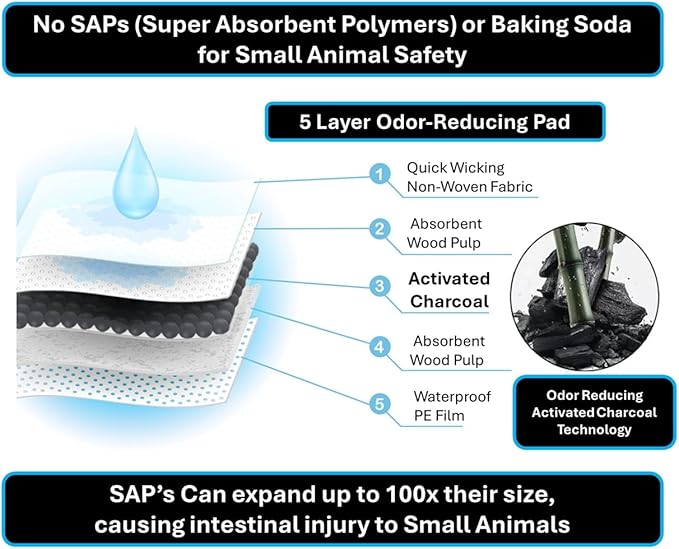 12pk - 47" x 24" Disposable Guinea Pig Cage Liner (4' x 2') for Midwest, C&C and Hard Bottom Cages - Bamboo Charcoal Odor Control - 4 Corner Sticky Pads - No SAP for Small Animal Safety