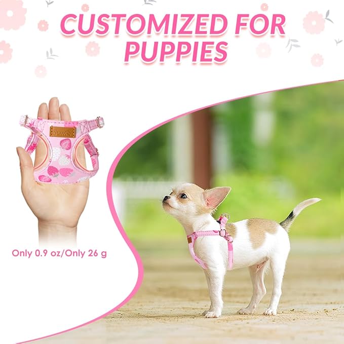 SlowTon No Pull Dog Harness with Leash - Soft Lightweight Floral Pattern Puppy Harness, Adjustable Pet Harness for Small Medium Dogs (Pink Strawberry, M)