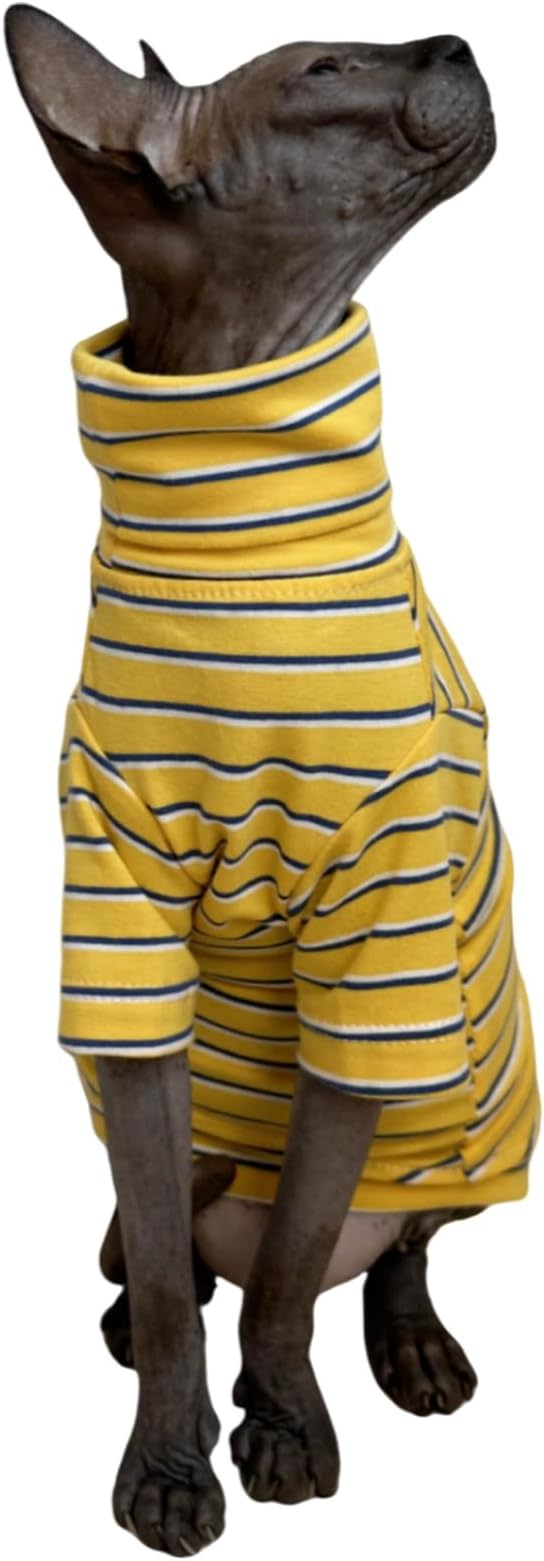 Vintage Stripes Sphynx Hairless Cats Shirt Cotton Cat Turtleneck Pet Clothes Kitten T-Shirts with Sleeves for Sphynx Cornish Rex, Devon Rex, Peterbald (Yellow Stripe, Medium (Pack of 1))