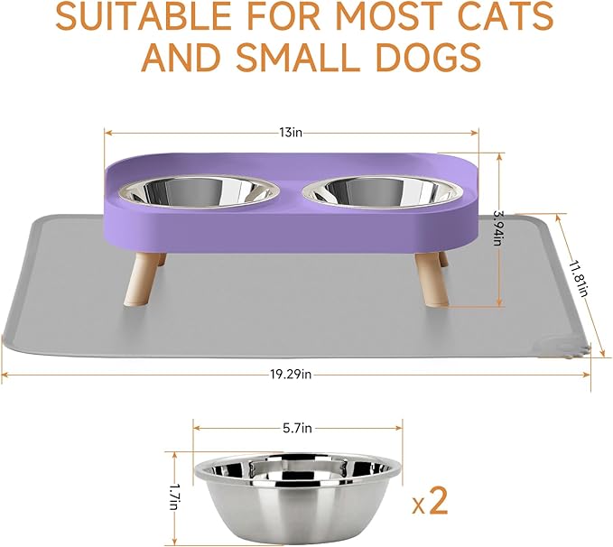 Elevated Cat Bowl with Food Mat, Raised Cat Food and Water Bowl Set for Indoor Cats, Splash Proof with 2 Stainless Steel Pet Food Bowls for Cat and Puppies,Whisker Fatigue and Dishwasher Safe (Purple)