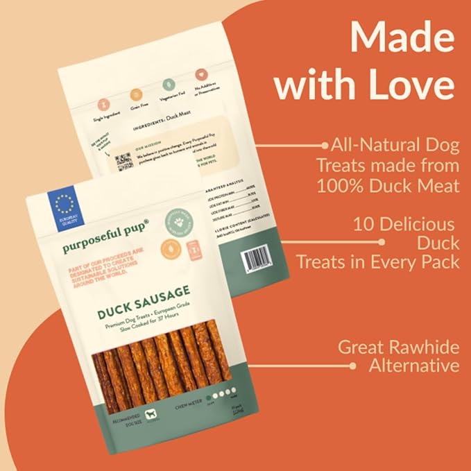 Duck Sausage Dog Treats – All Natural, Single Ingredient, Grain-Free Chews for Dogs | Premium European Quality | High-Protein, Air-Dried, Healthy Snack (10 Pack, Duck Sausage)