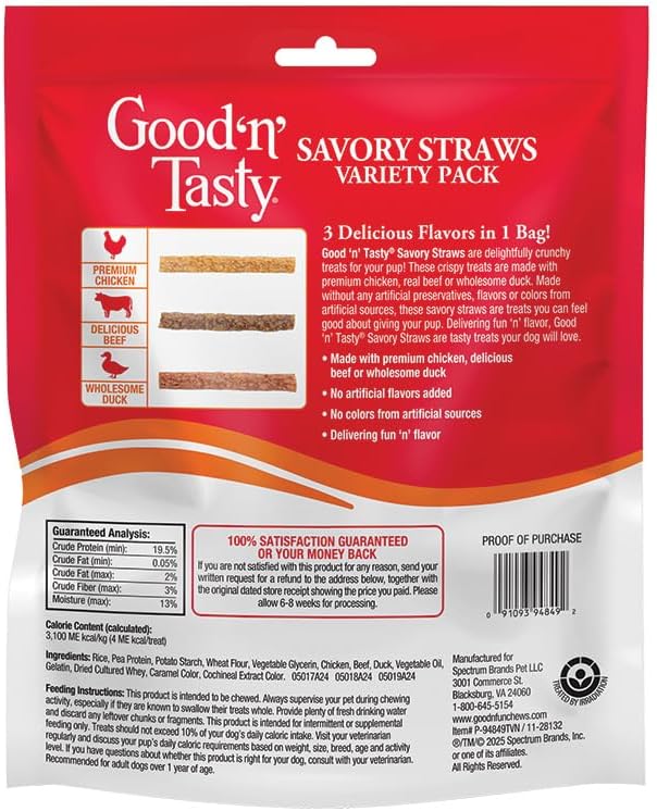 Good 'n' Tasty Savory Straws Variety Pack Treats for All Dogs, Crunchy Veggie Straw-Inspired Low-Calorie Gourmet Dog Treats, Real Chicken, Beef or Duck, 3.7 oz