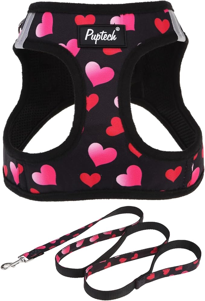 PUPTECK Dog Harness and Leash Set for Small Medium Dogs No Pull Step-in Soft Mesh Puppy Cat Vest Valentine Harnesses Reflective at Night, Black&Pink Heart, S