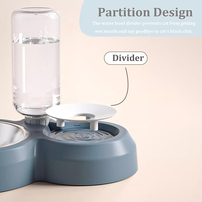 Double Dog Cat Bowls, Pets Food and Water Bowl Set with Automatic Water Dispenser and Stainless Steel Bowl Silicone Dog Bowl Mat, Gravity Feeder for Cats and Small Dogs Puppies (Grey)