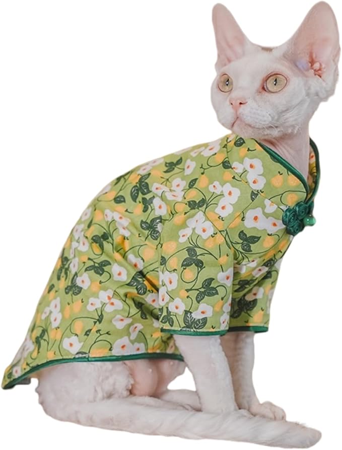 Traditional Culture Sphynx Hairless Cat Cotton T-Shirts Cat Clothes Pet Sweater Cat Vest Pet Clothes Kitten Shirts Cats & Small Dogs Apparel (White Petunia Chi-Pao, XL (9-13 lbs))