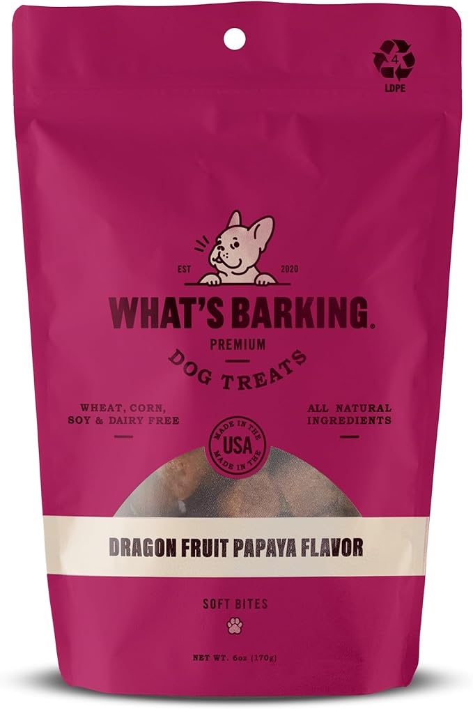 What's Barking Soft Bites, Soft Chewy Dog Treats for Training or Snacking, Pet Essentials, Bite Size Pieces for Dogs, Natural Ingredients, Made in USA, Resealable Bag (Pack of 1, Dragon Fruit Papaya)