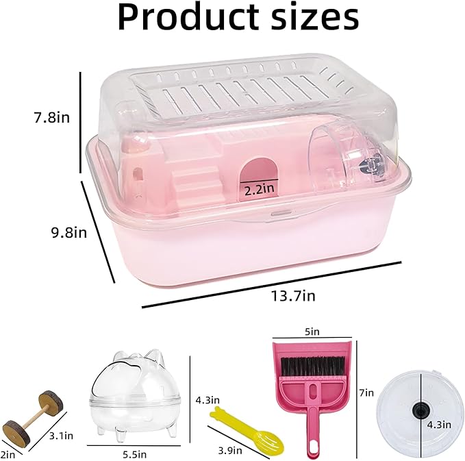 Hamiledyi Dwarf Hamster Cage Clear Plastic Small Hamster Cage Portable Carrier with Water Bottle Exercise Wheel Bathtub Box Set Toy for Dwarf Baby Hamster (Pink)
