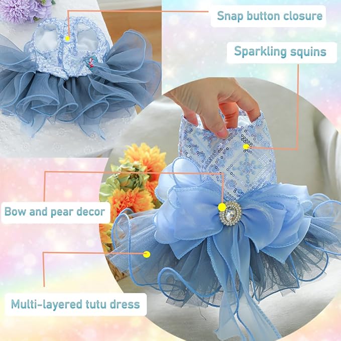 ANIAC Blue Cat Wedding Dress with Bow Knot Dog Wedding Outfit Formal Puppy Clothes for Girl Small Dog Luxury Pet Party Dress for Kitten Chihuahua Yorkie Pomeranian (Blue-2, X-Small)