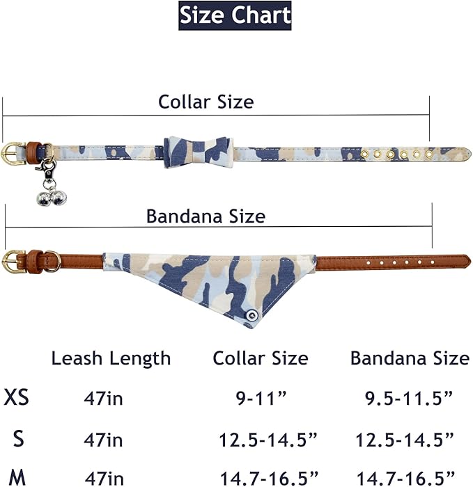 3PCS Bow Tie Dog Collar and Leash Set Plaid/Camo/Dots/Flower Dog Bandanas with Bell 3 Size Adjustable for Small Dogs Puppies and Cats (S, Camo 3)